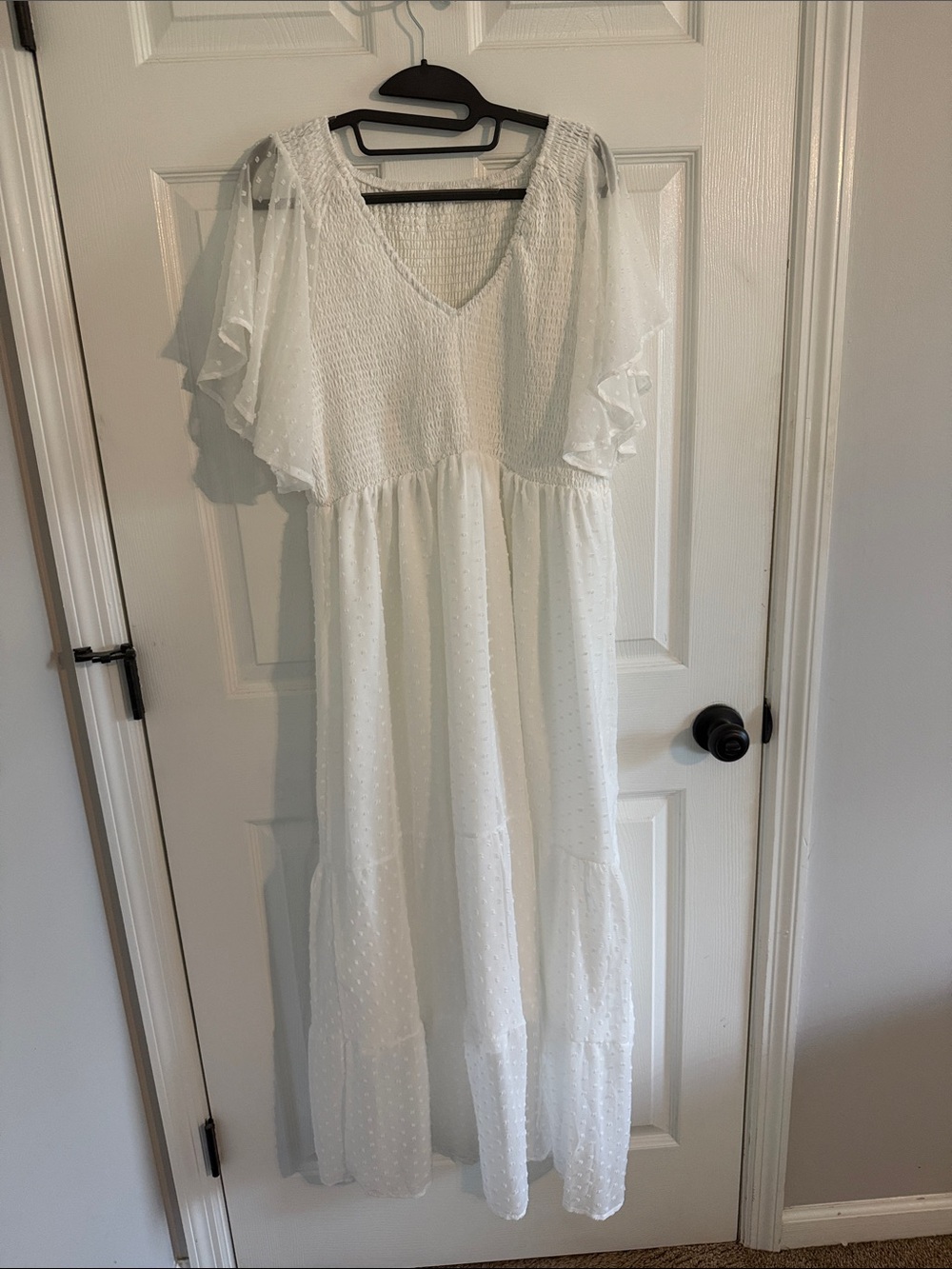 White Swiss Dot Flutter Sleeve Maxi Dress - Unbranded